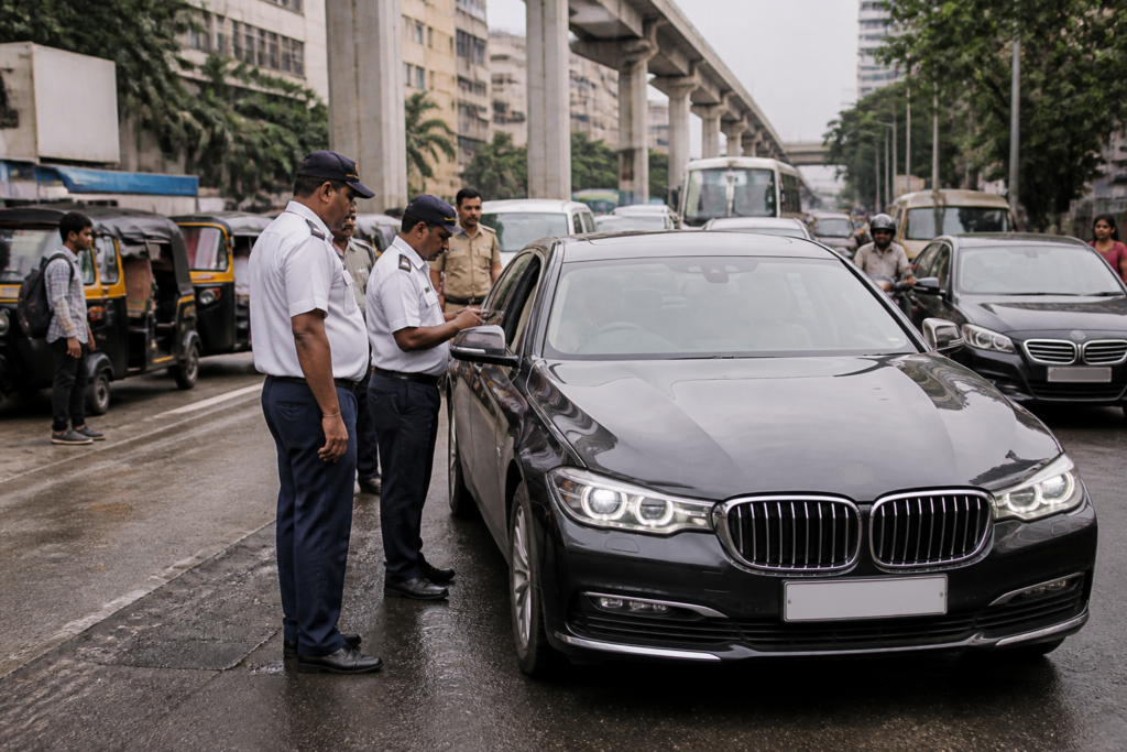 Mumbai RTO crackdown targeting luxury cars on a city road