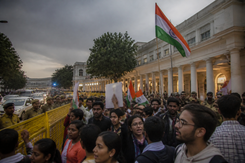 Central Delhi protests with Tricolour-carrying demonstrators near Connaught Place