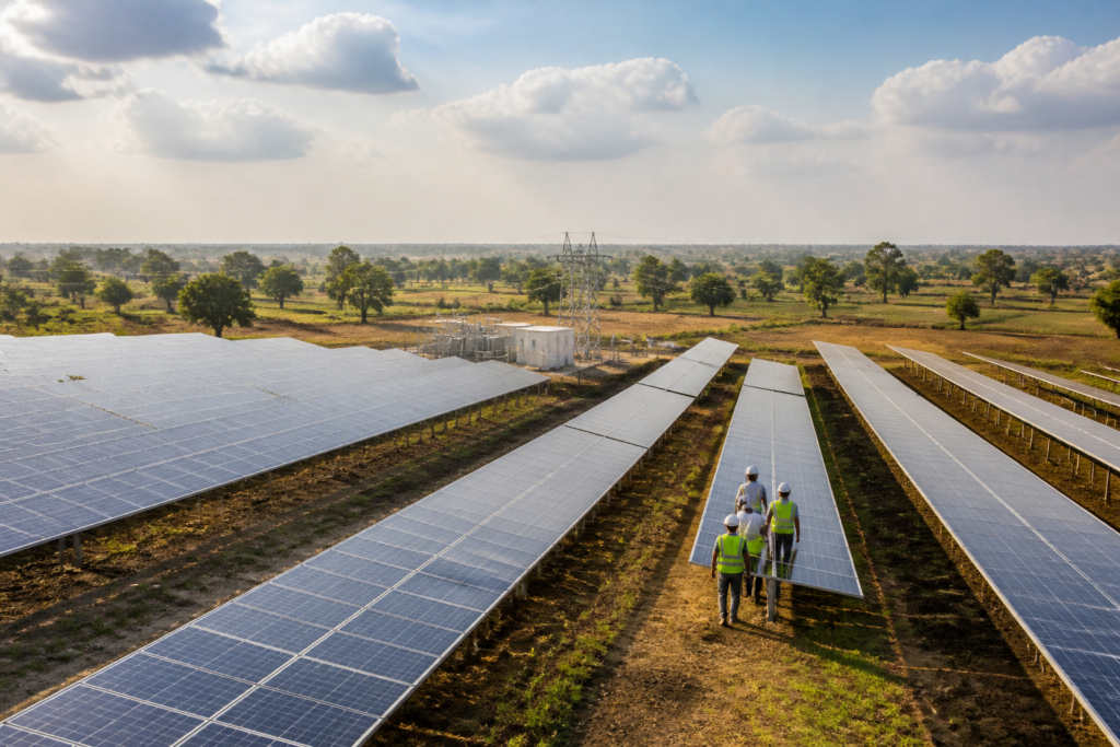 Maharashtra solar projects with ground-mounted panels across an agricultural landscape