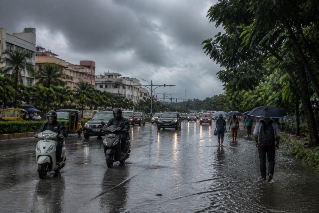 Tamil Nadu rain alert over a waterlogged Chennai road during monsoon showers