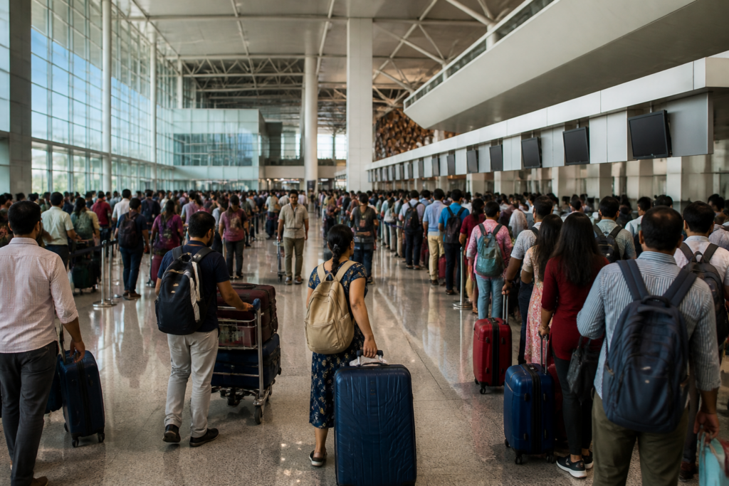 Passengers at Chennai airport during a festival holiday travel rush