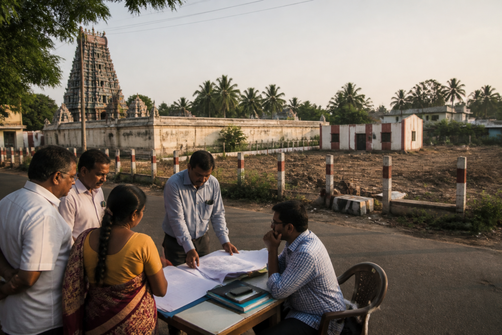 Tamil Nadu temple lands and a temple administration office in a South Indian urban setting