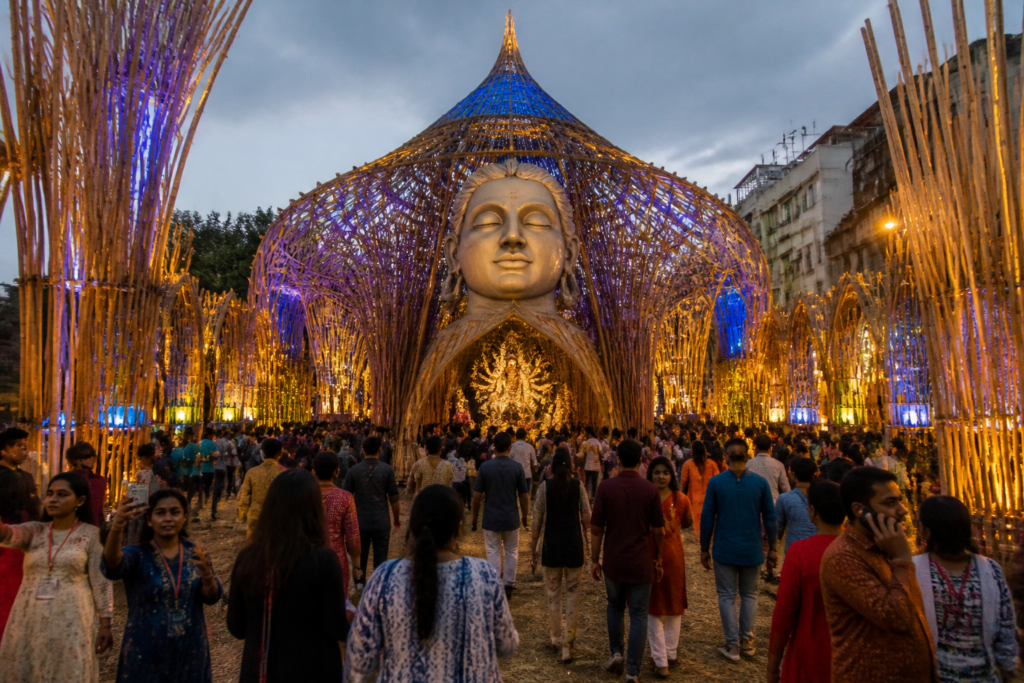 Allen Park Durga Puja pandal with illuminated Shiva-themed bamboo artwork in Kolkata