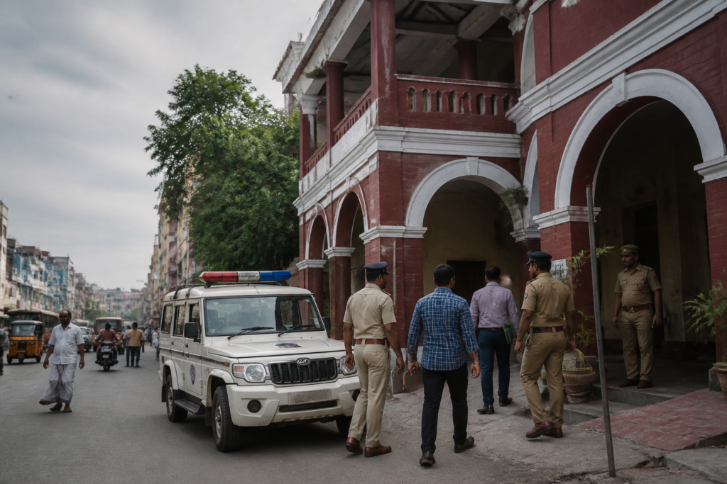 Police vehicle in Chennai linked to a POCSO case investigation involving Puducherry police.