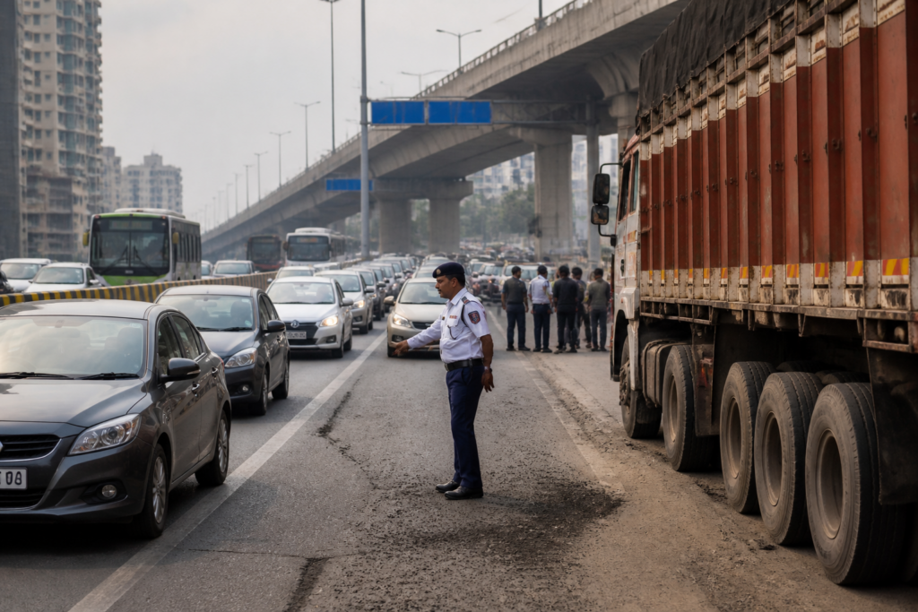 Delhi traffic jam on Ring Road near Sarai Kale Khan after a heavy vehicle breakdown