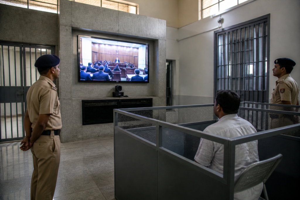 Delhi jail video conferencing system shown in a secure prison courtroom facility.