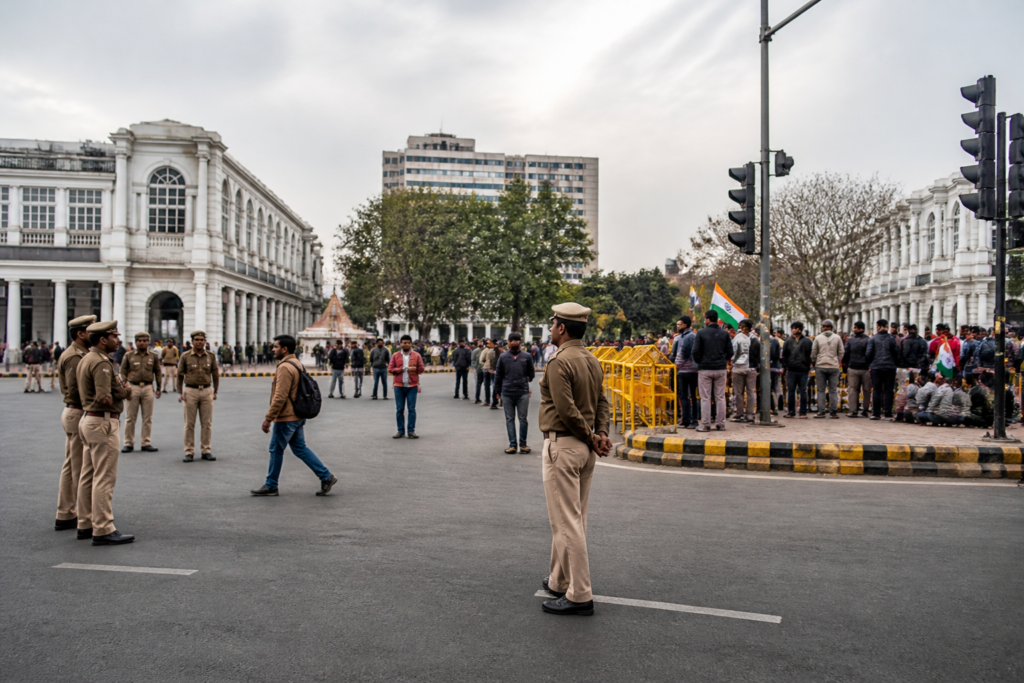 Delhi Police detention context outside Connaught Place during a central Delhi protest
