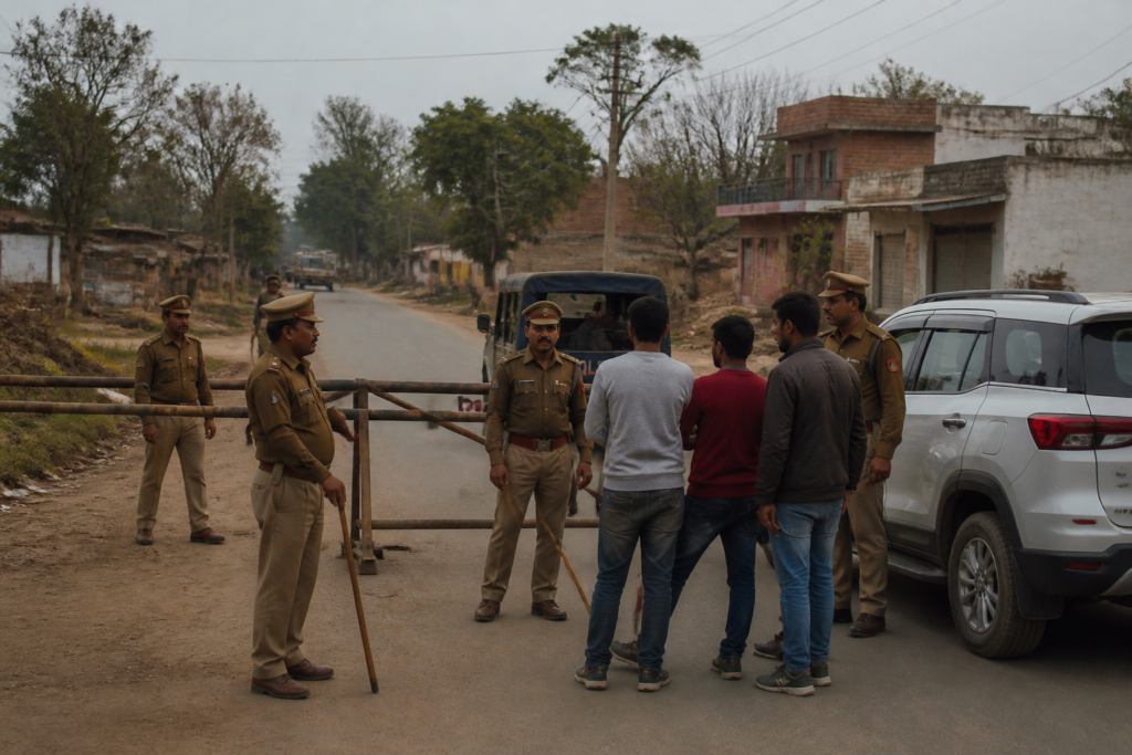 Moradabad torture allegations and a police barricade near a village road in Uttar Pradesh