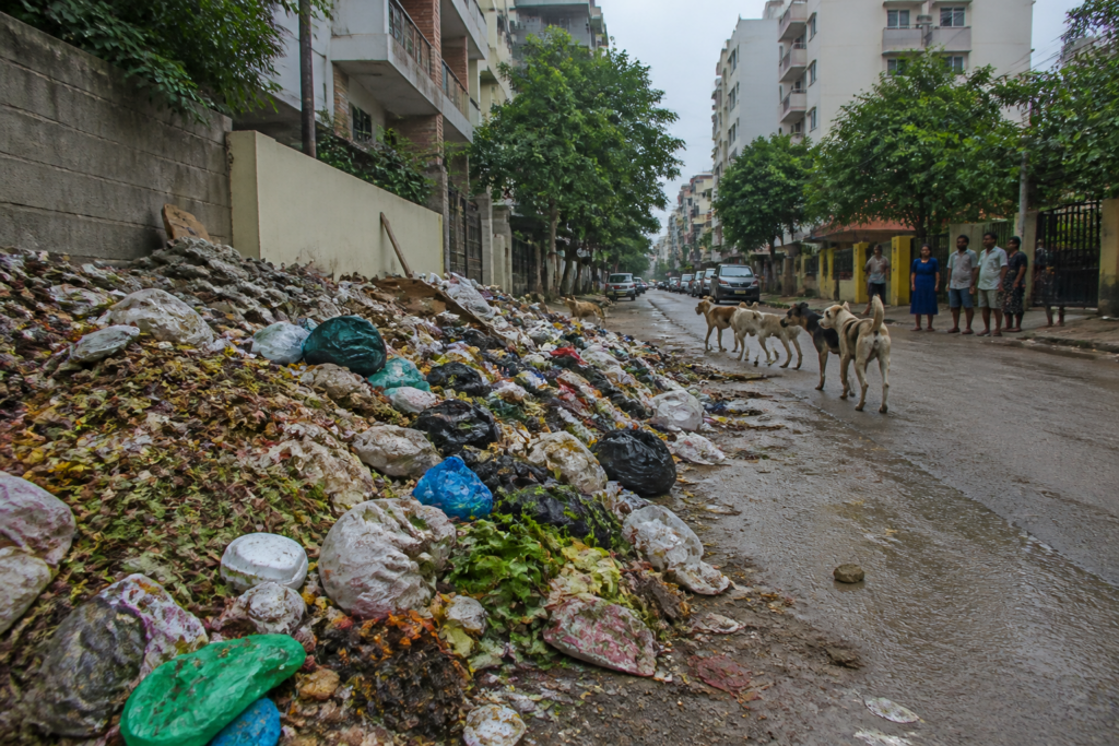 Garbage piles blocking a road in Bengaluru's Rajarajeshwari Nagar