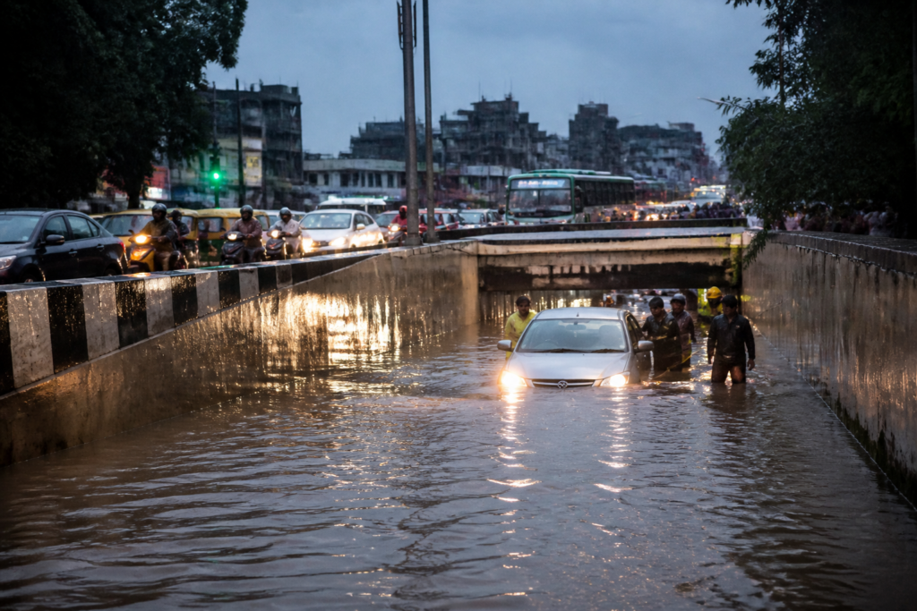Bengaluru rain flooding a road underpass as vehicles wait in traffic