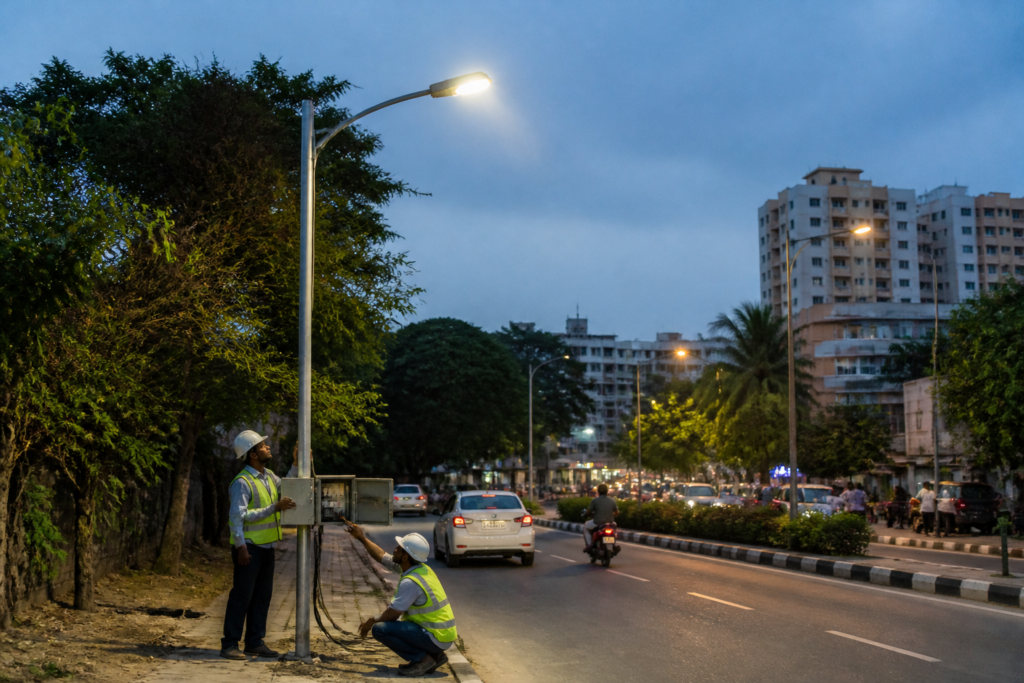Bengaluru LED street lights illuminating an urban road at dusk