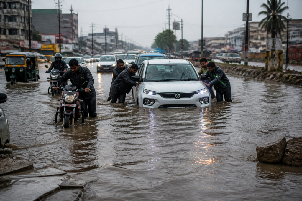 Anekal heavy rain leaves a flooded road with vehicles struggling through water.