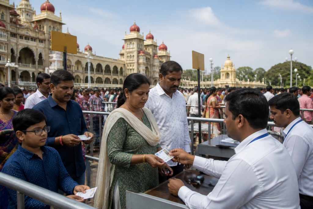 Mysuru Dasara Gold Card holders entering a reserved event enclosure at Amba Vilas Palace