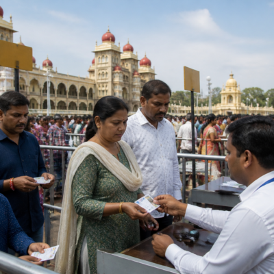 Mysuru Dasara Gold Card holders entering a reserved event enclosure at Amba Vilas Palace