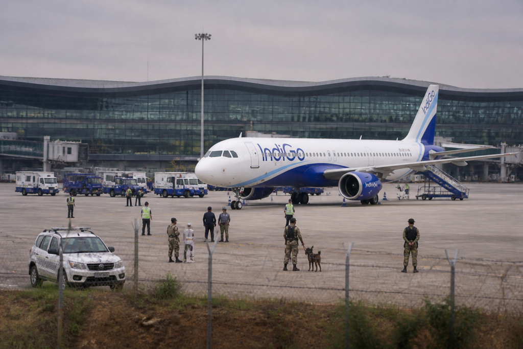 Security response at Hyderabad airport after a reported bomb threat on an IndiGo flight