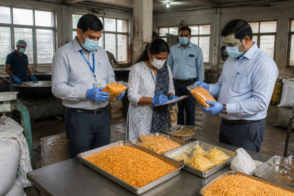 Ahmedabad food safety officials inspect packaged farsan at a sealed Danilimda food unit