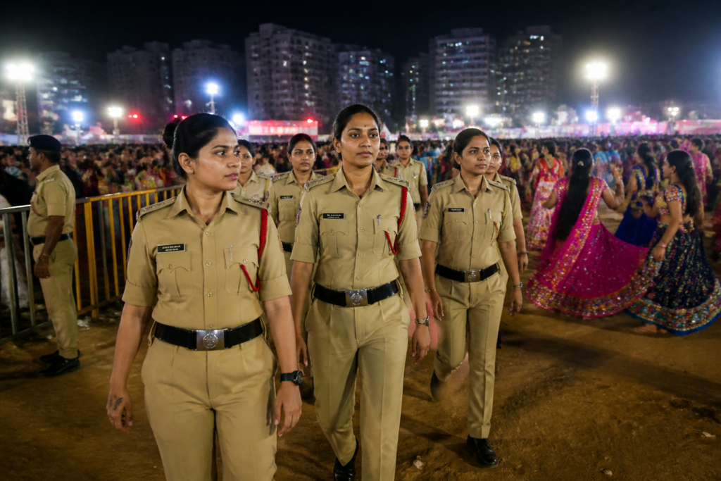 Ahmedabad SHE Teams patrol a crowded garba venue during late-night festival celebrations.