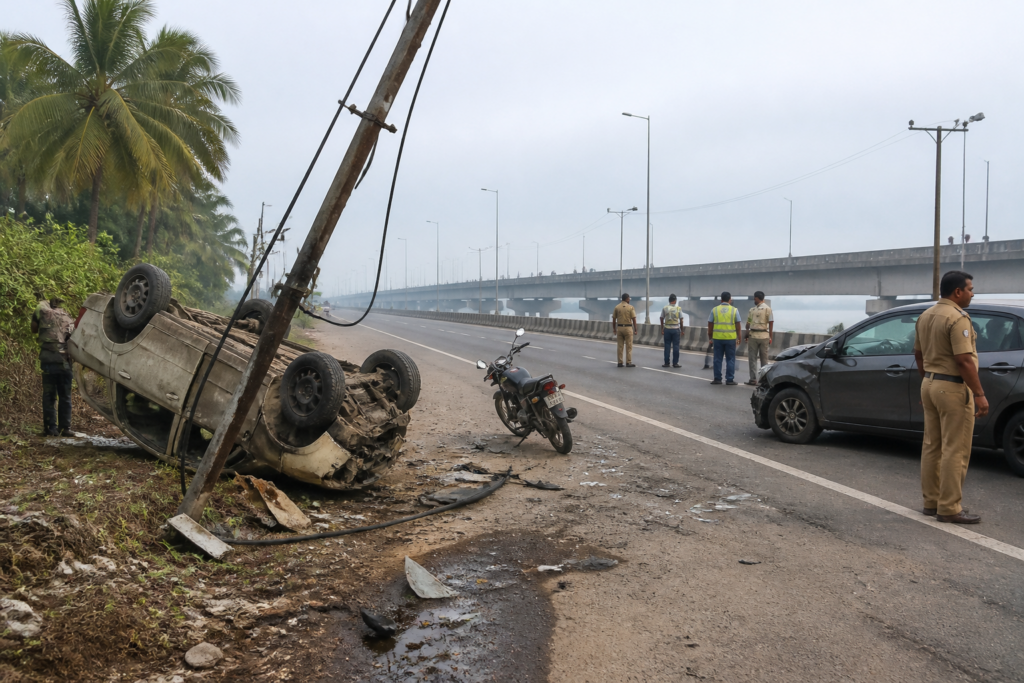 Aroor accident scene near Chandiroor bridge with a damaged power pole and crashed vehicles