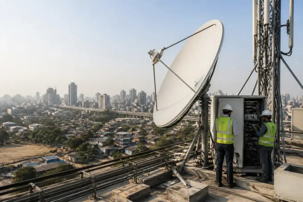 Satellite internet India represented by a satellite communications dish near an urban telecom network.