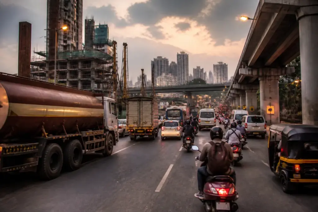 Crude oil prices rise as fuel tankers and urban traffic operate under geopolitical market pressure.