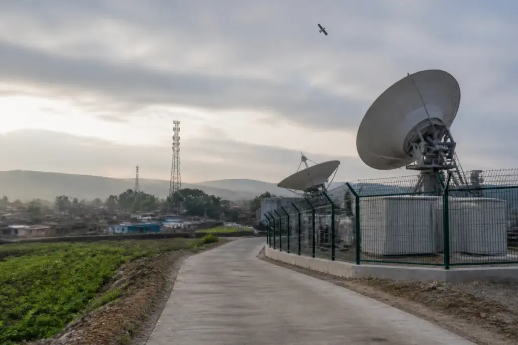 Starlink India satellite internet infrastructure with a gateway and rural connectivity setting