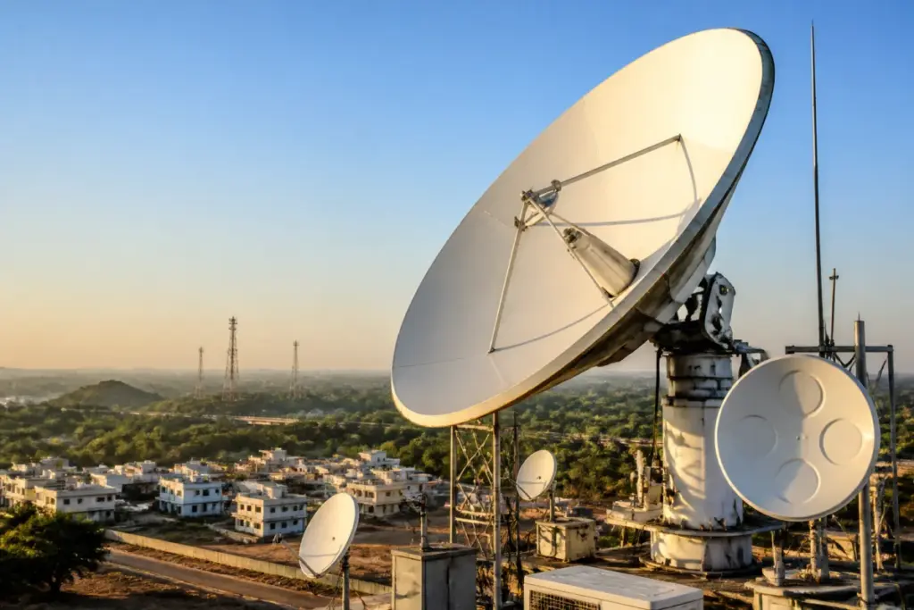 Satellite internet India infrastructure represented by a satellite dish and urban connectivity network.