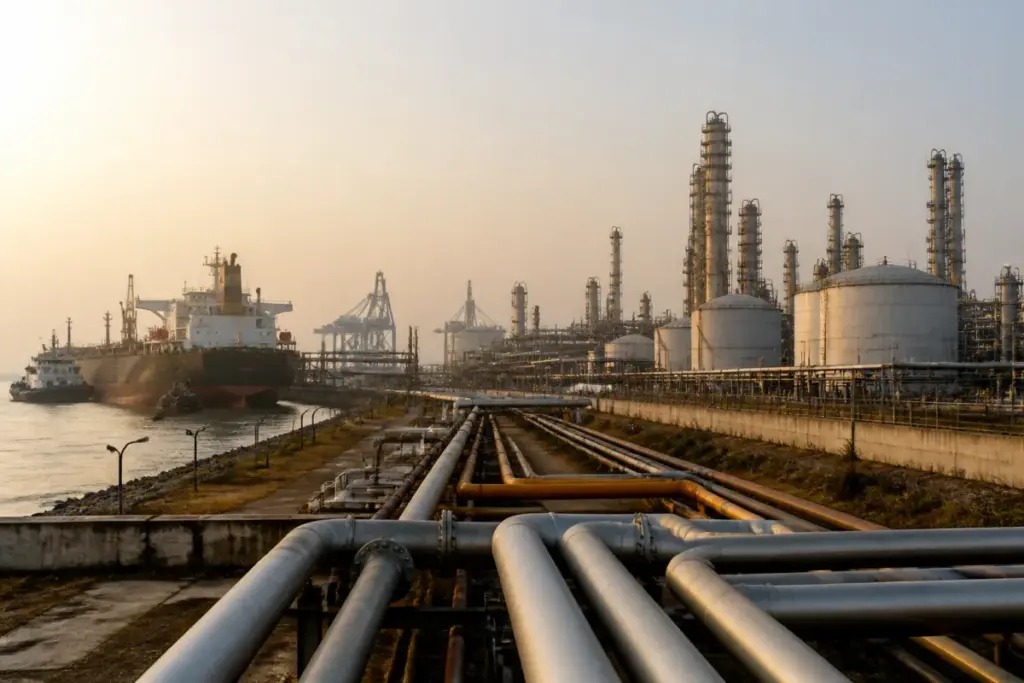 India Russia oil tariff waiver and an Indian refinery processing crude oil