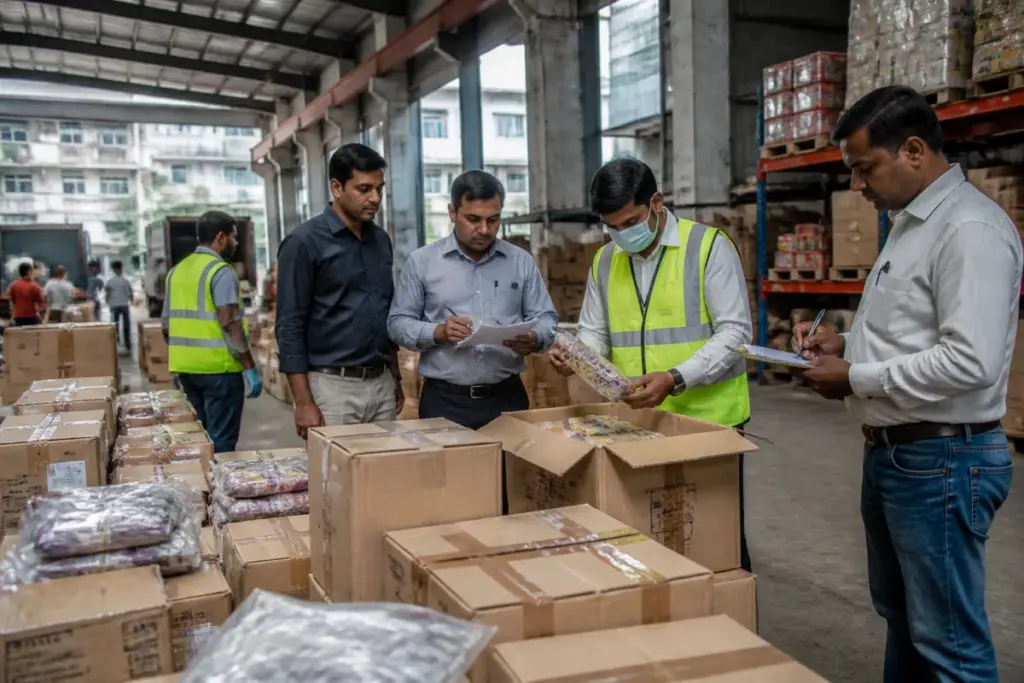 Maharashtra FDA officials inspect seized expired food products at a warehouse
