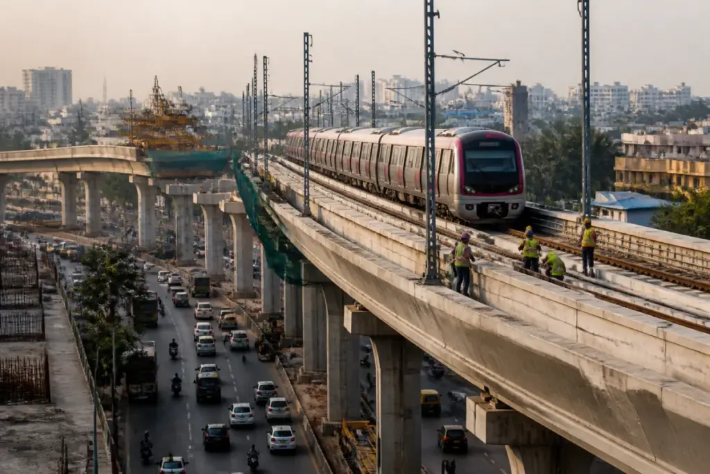 Bengaluru Metro Pink Line construction and elevated viaduct near an urban corridor