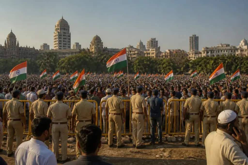 Mumbai protest at Azad Maidan with demonstrators carrying the national flag