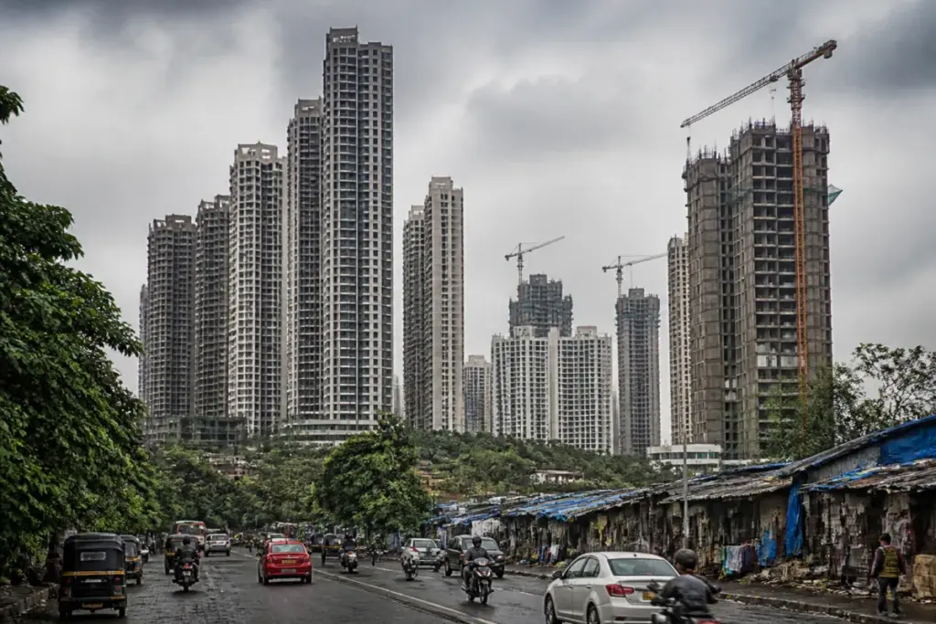 Mumbai redevelopment towers rising above dense neighbourhoods and shrinking open spaces