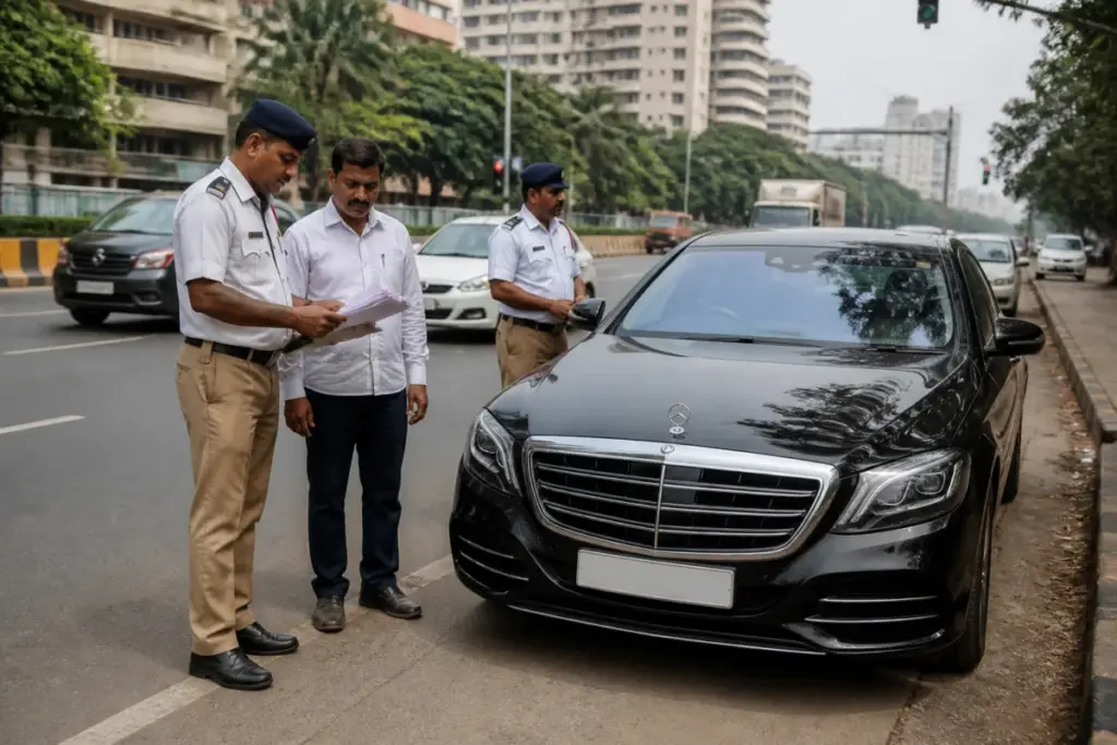 Mumbai RTO luxury car crackdown involving a high-end vehicle on a city road