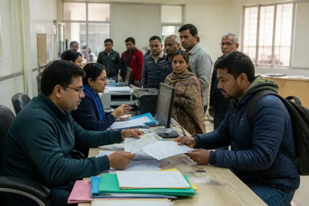 Delhi voter re-verification notice and electoral roll documents at an election office