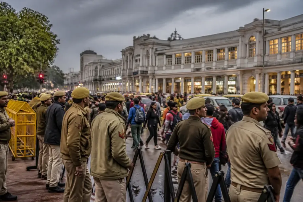 Delhi Police personnel deployed near Connaught Place during protests and public-order restrictions.