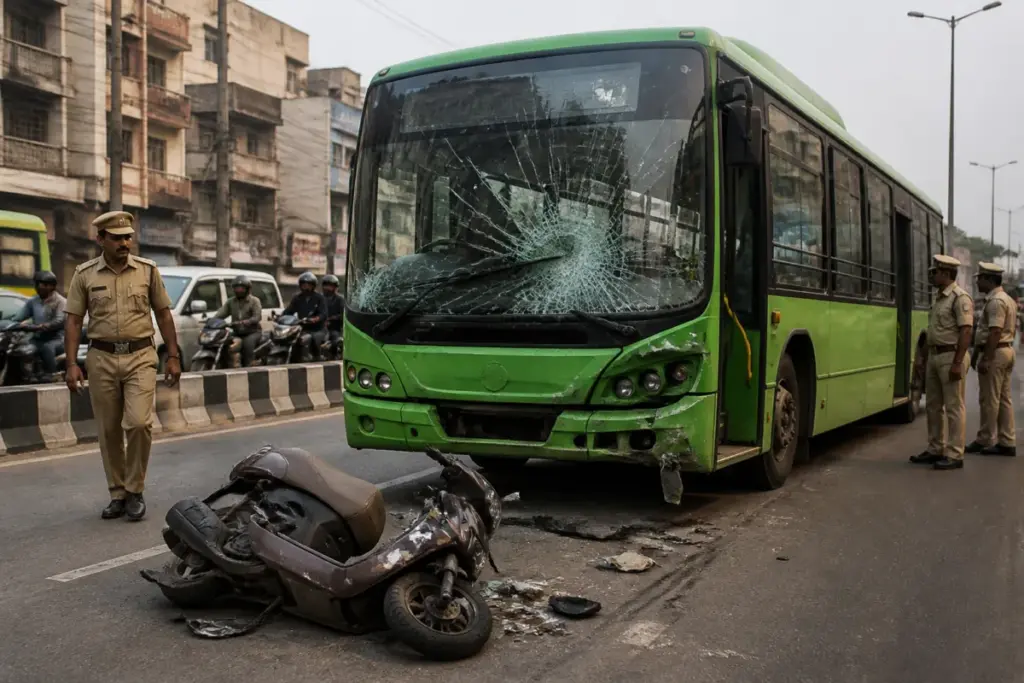 DTC bus accident scene on a Delhi road near Anand Parbat