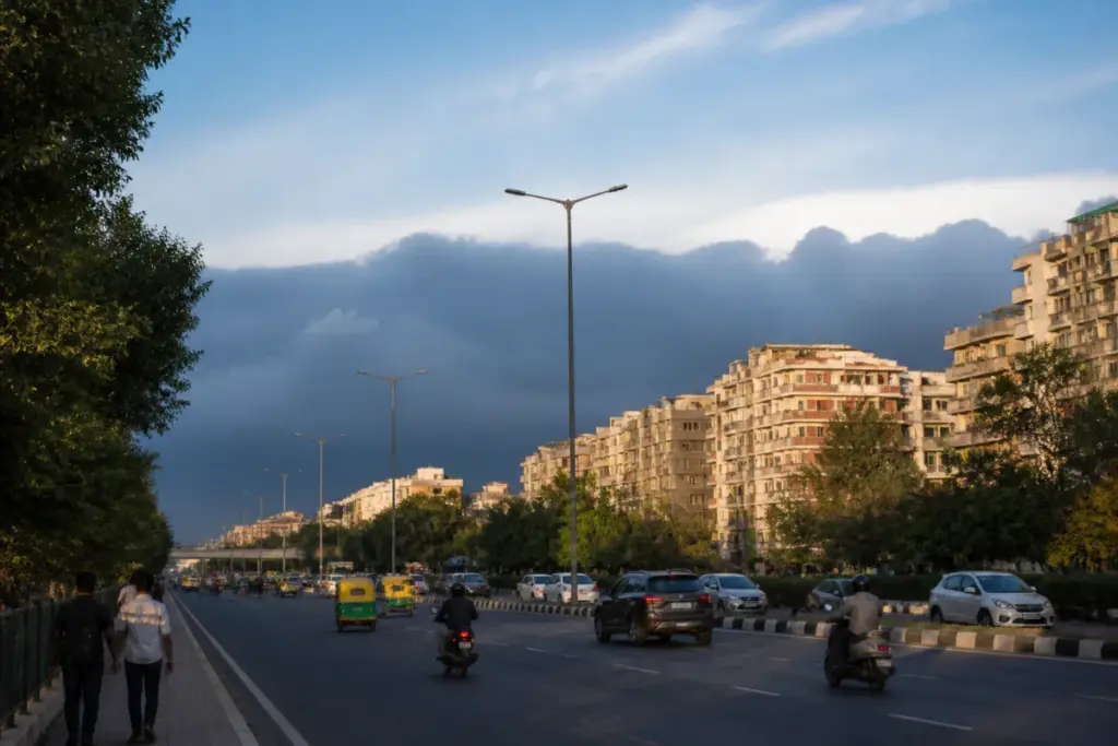 Delhi weather forecast showing dry NCR skies while heavy rain affects southern India