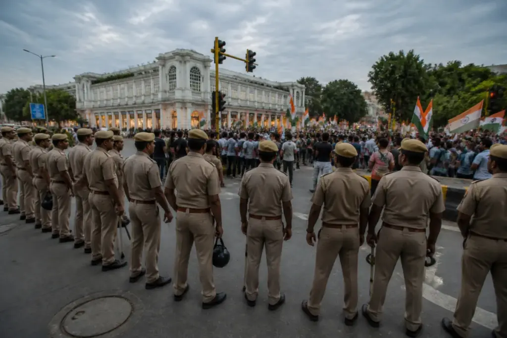 Delhi protests near Connaught Place with police deployment and demonstrators carrying the Tricolour