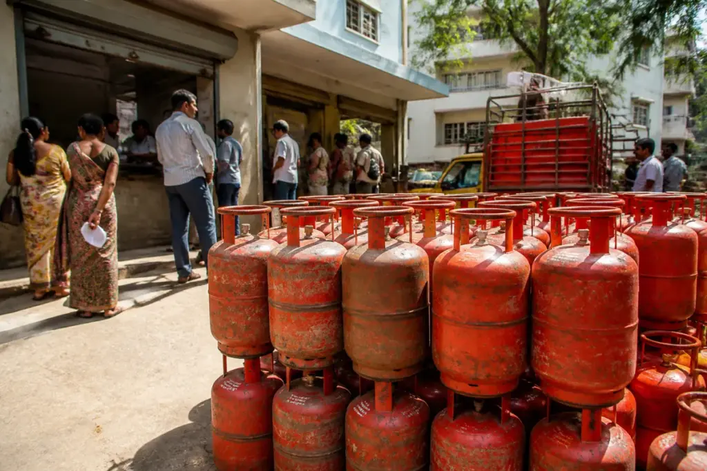 Domestic LPG cylinders at a Bengaluru distribution facility amid pending new LPG connections in Karnataka