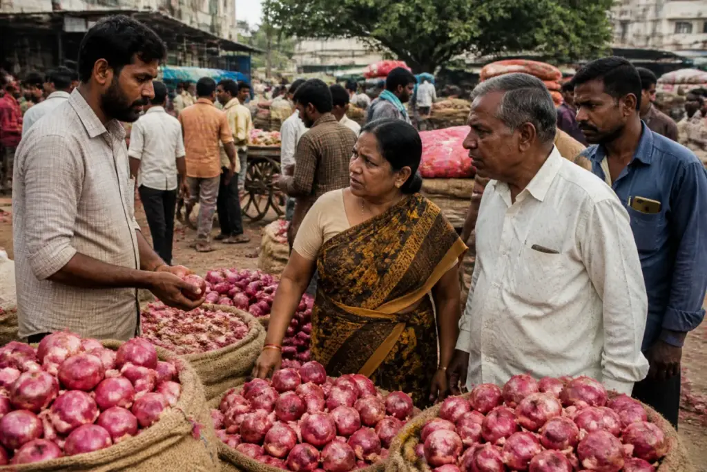 Hyderabad onion prices displayed at a vegetable market as shoppers compare rates.