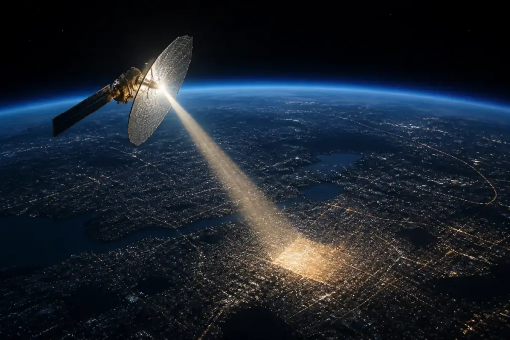 Skyroot orbital mirror concept showing a satellite reflecting sunlight over a city at night
