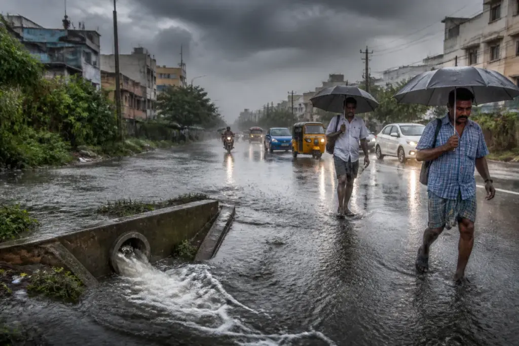 Tamil Nadu rain alert over a waterlogged urban road during heavy monsoon rainfall