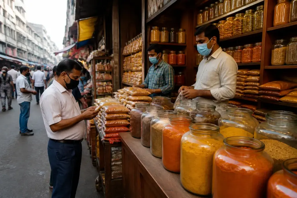 Lalbaug spice market traders handling packaged and loose spices in Mumbai