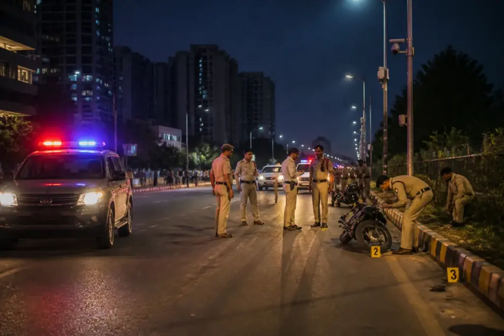 Noida police encounter scene involving police vehicles and an investigation in Sector 43