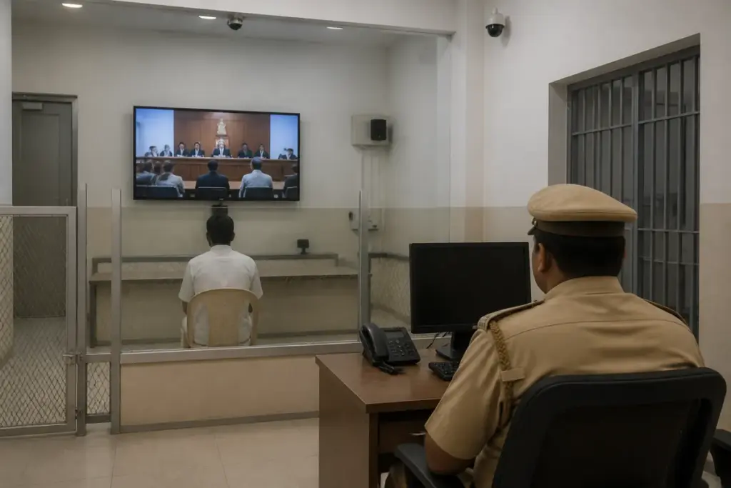 Delhi jail video conferencing system shown in a secure prison video hearing room