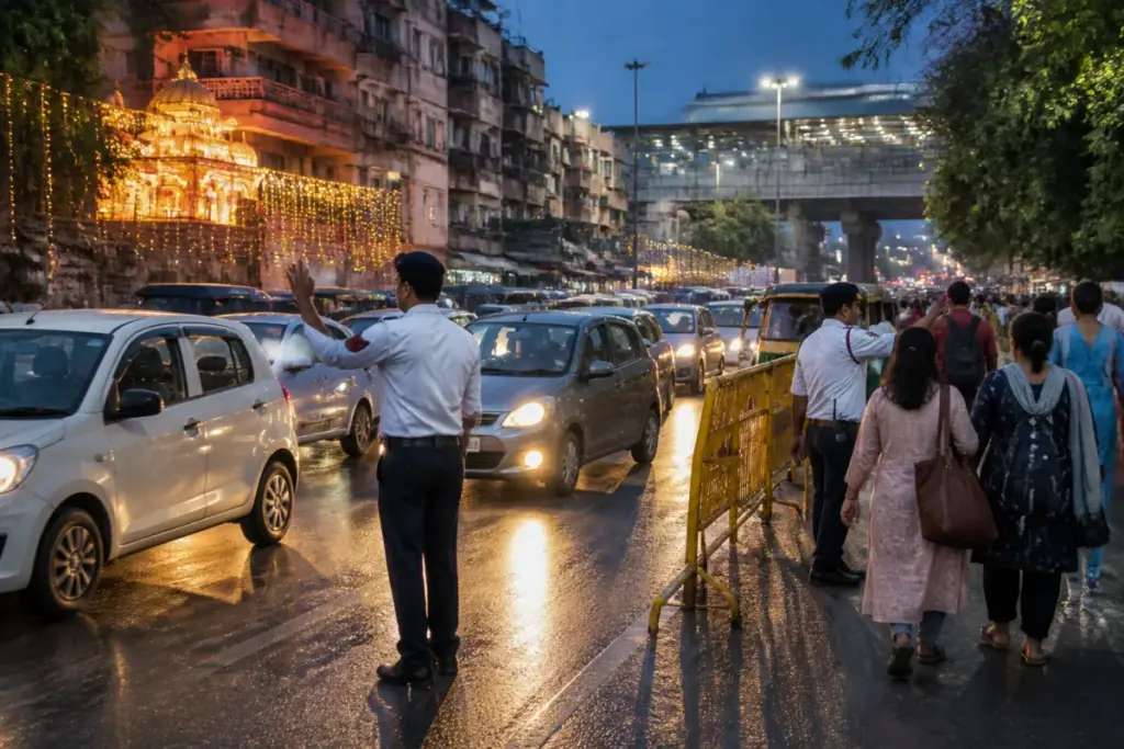 Delhi traffic advisory near CR Park roads during evening Durga Puja restrictions