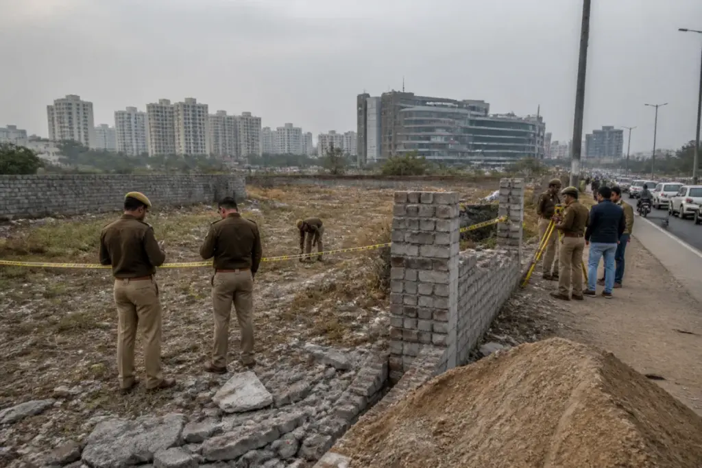 Police inspect a disputed plot after a Ghaziabad land dispute shooting near Sahibabad