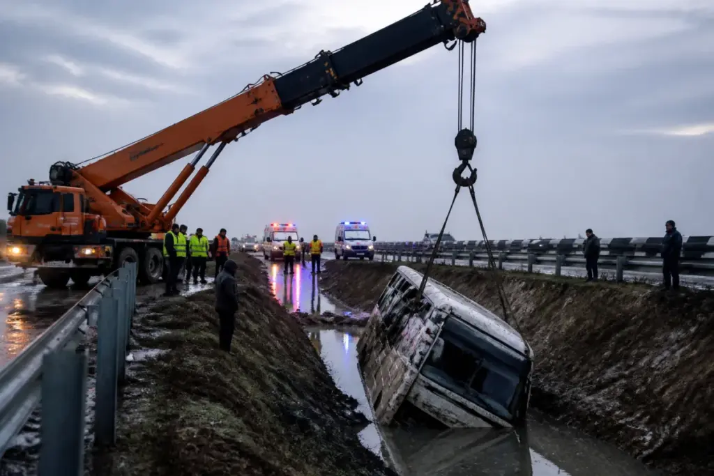 Rescue crews recover a minibus from a drain after a Delhi-Mumbai Expressway crash near Kota.