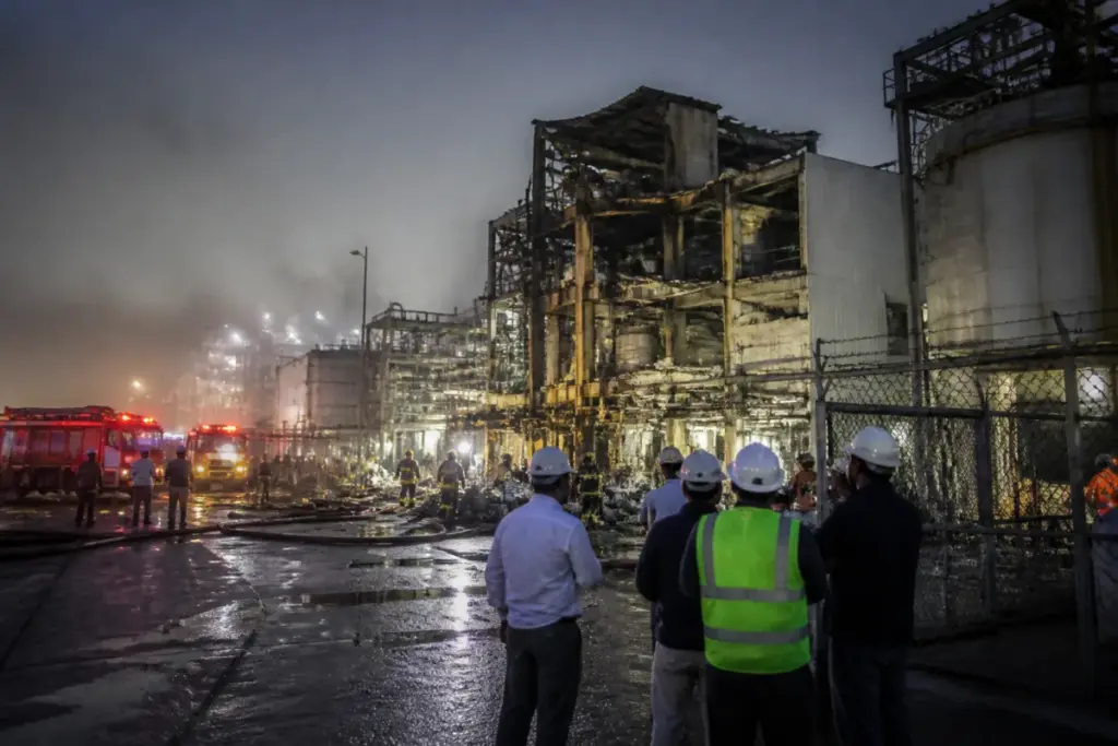Emergency response outside the Bharuch chemical plant blast site in Gujarat