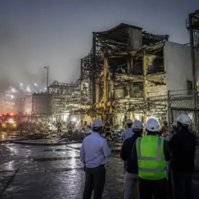Emergency response outside the Bharuch chemical plant blast site in Gujarat