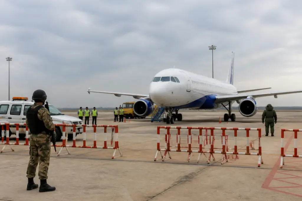 Security inspection area at Hyderabad airport after an IndiGo flight bomb threat